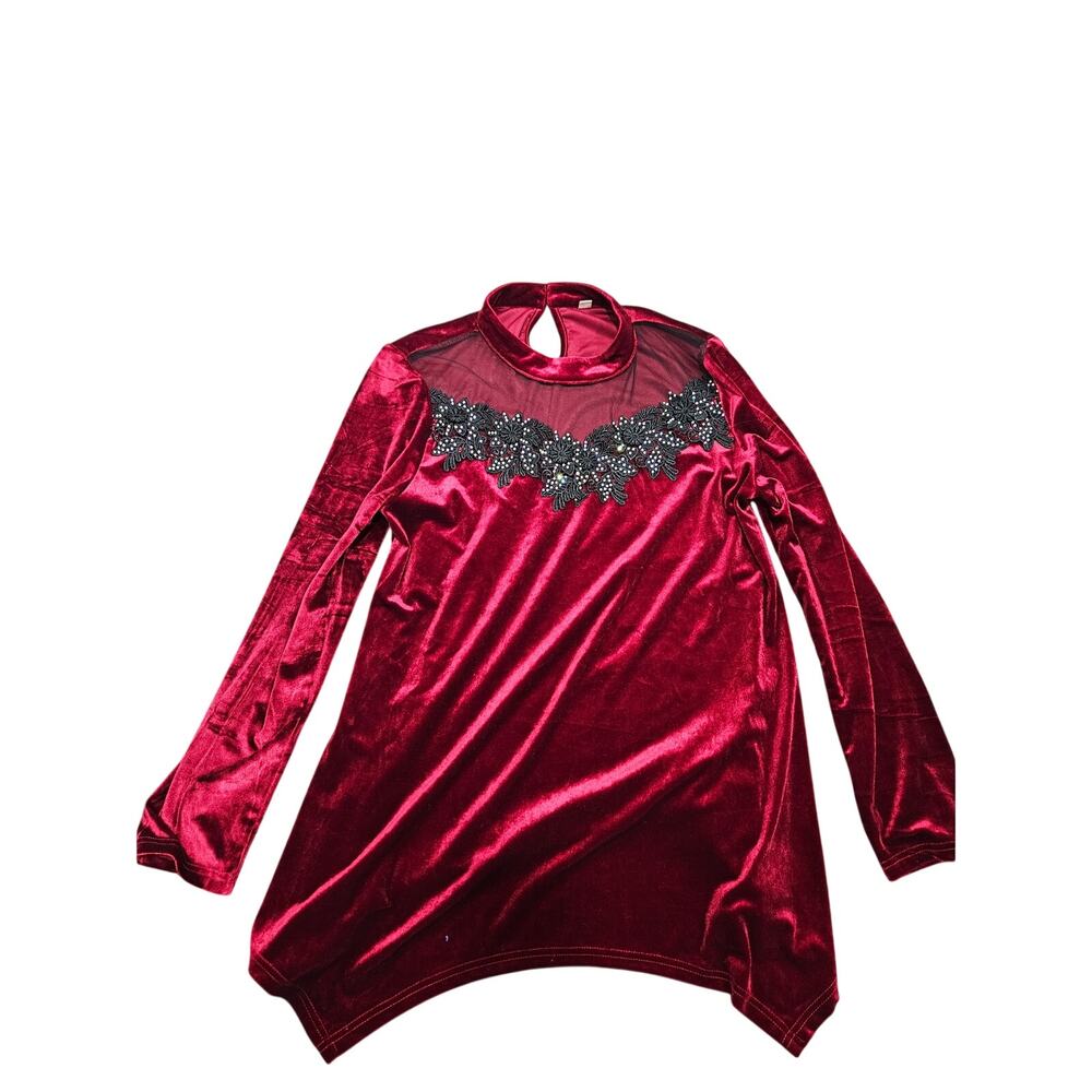 Red Velvet Holiday Tunic Sheer Rhinestone Lace Goth Romantic Size M